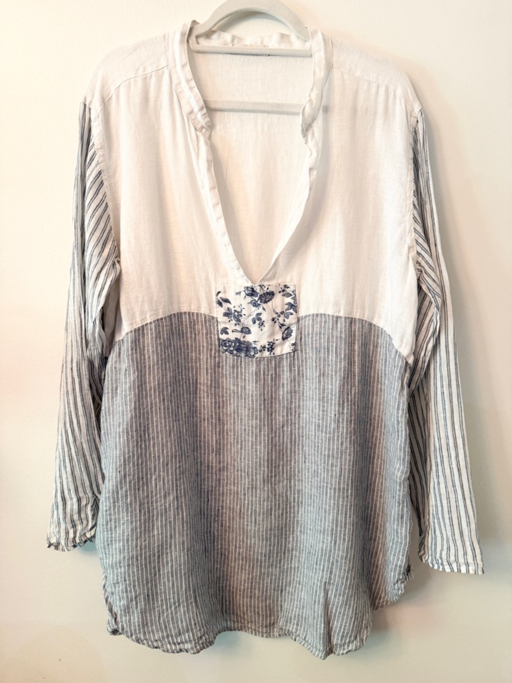 CP Shades Linen Tunic Top Striped Patchwork Long Sleeve Large